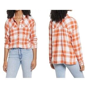 BP. Women's High/Low Bill Plaid Button-Up Shirt in Rust-Ivory Orange Size XS